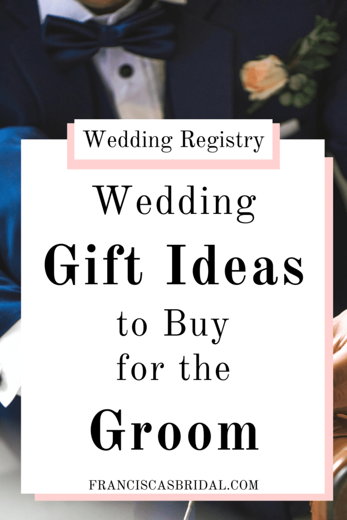 A groom wearing a navy blue tux tying his shoes on his wedding day with text over the photo that says wedding gift ideas for the groom.