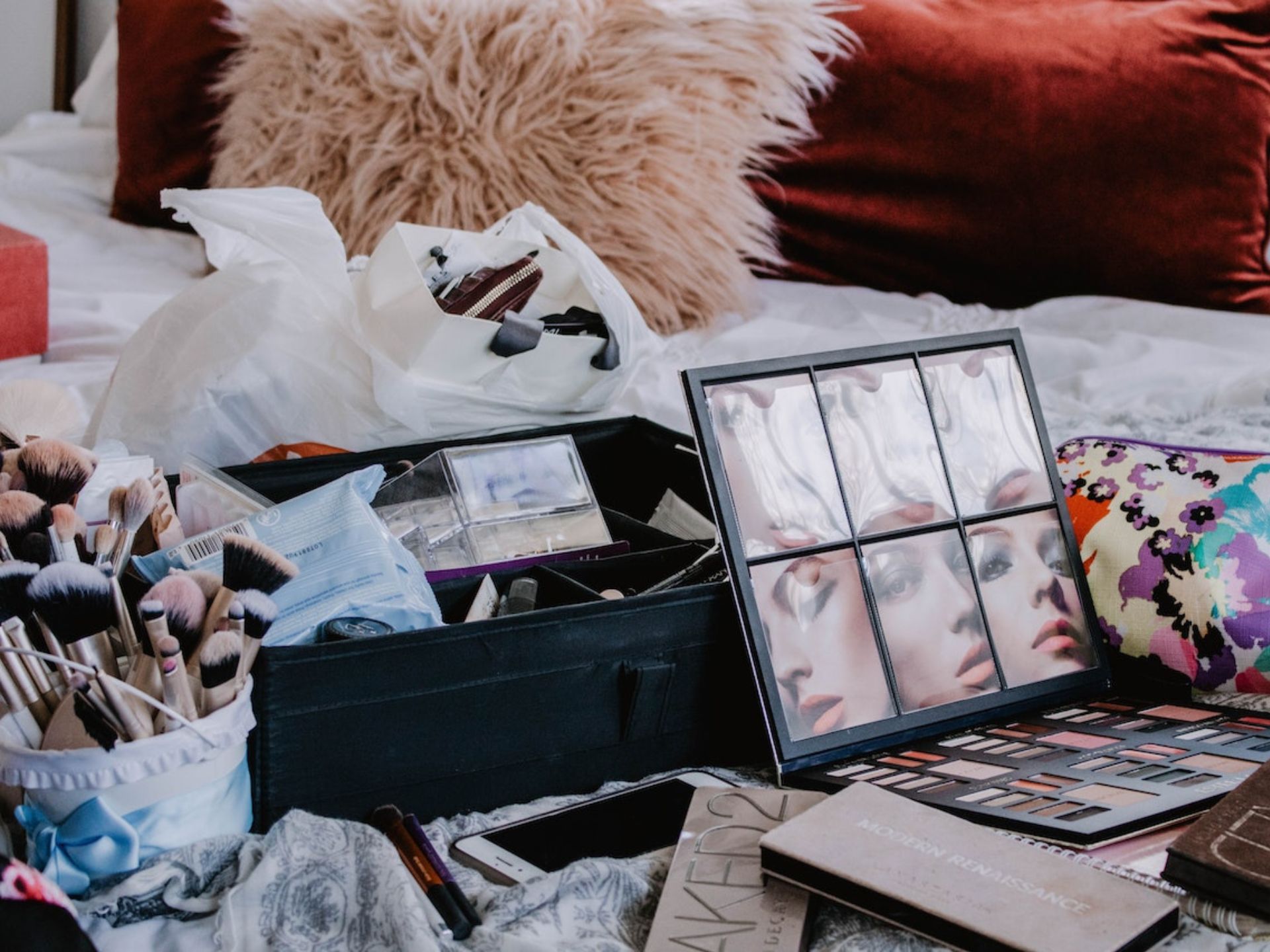 A bag filled with makeup items.