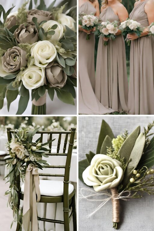 A photo collage with olive green and taupe wedding color ideas.
