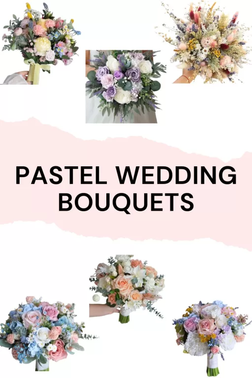Image of 6 stunning wedding bouquets that are pastel themed.