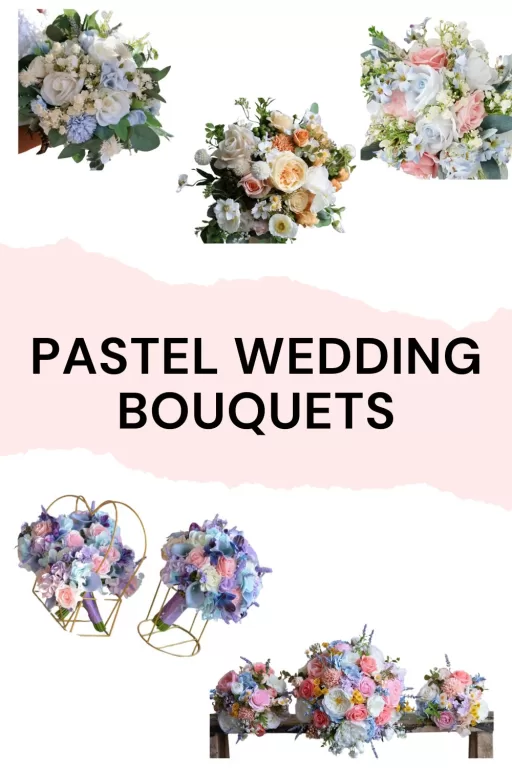 Image of 5 stunning wedding bouquets that are pastel themed.