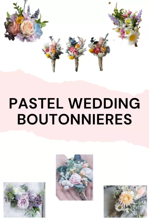 Image of 6 stunning wedding boutonnieres that are pastel themed.