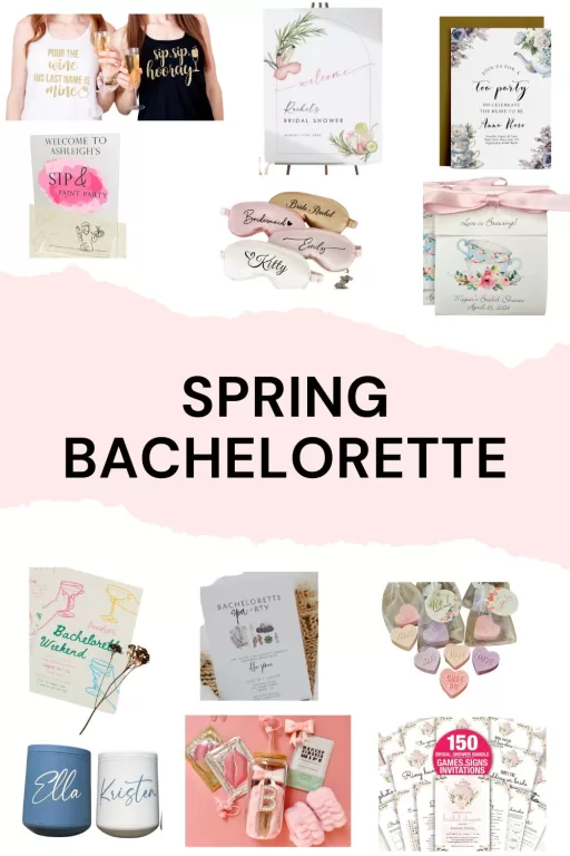 Image of 12 spring bachelorette party decorations and favors.