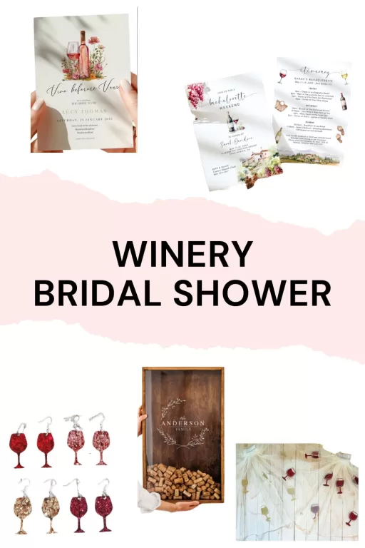 Image of 5 winery bridal shower invitations and gifts.