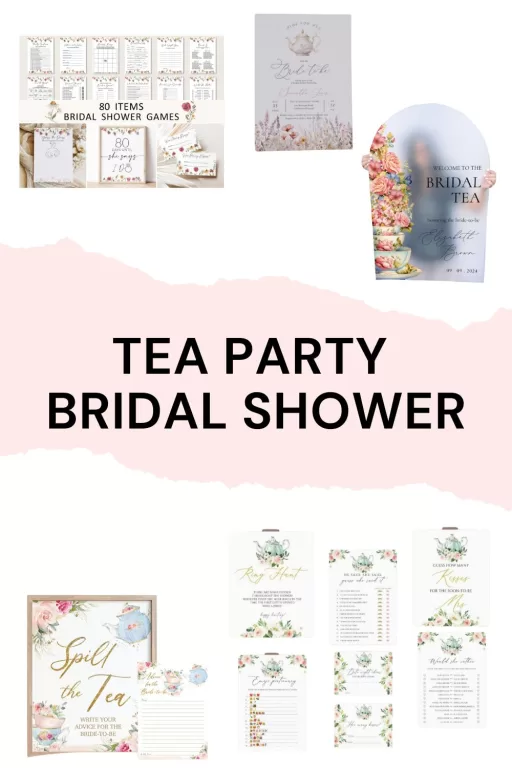 Image of 5 tea party themed bridal shower invitations, signs, and games.