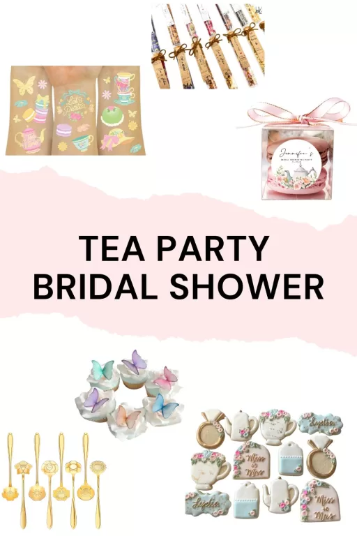Image of 5 tea party themed bridal shower favors and treats.