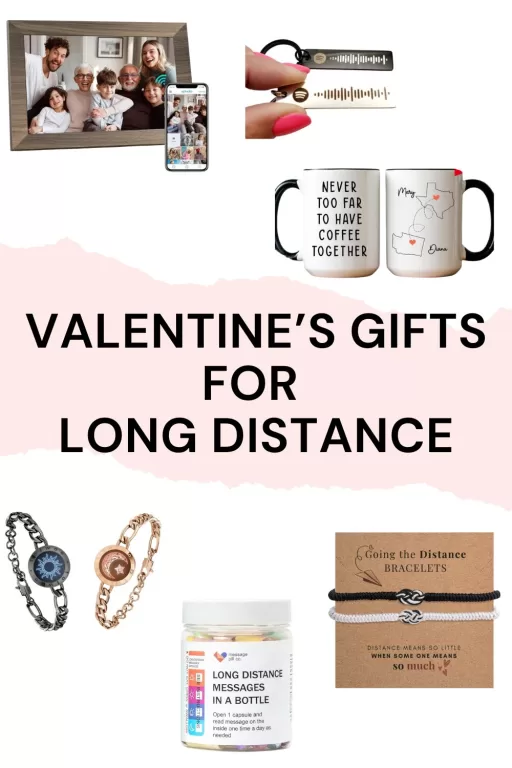 Images of 6 valentine's day gifts of long distance themed couple's gifts.