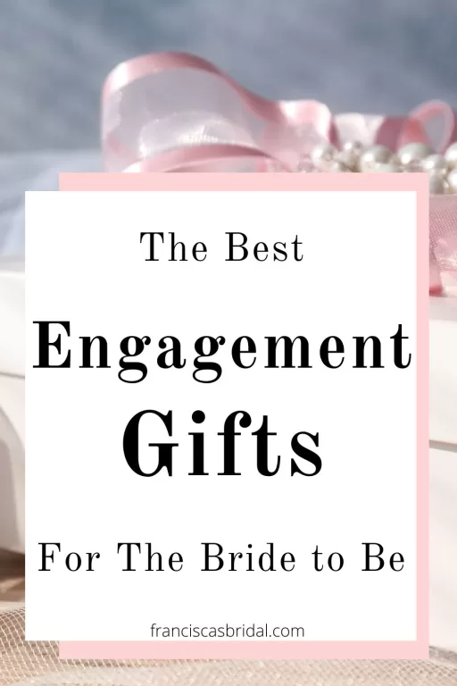 A table filled with gifts and has the text engagement gifts for the bride to be.