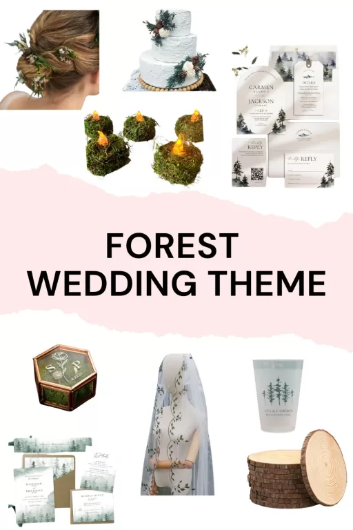 Image of 9 forest themed wedding invitations and decorations.
