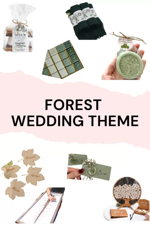 Image of 8 forest themed wedding favors, place cards, and guestbook ideas.