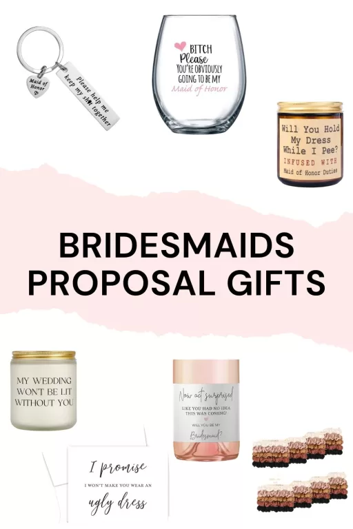 Image of 7 bridesmaid themed proposal gifts.