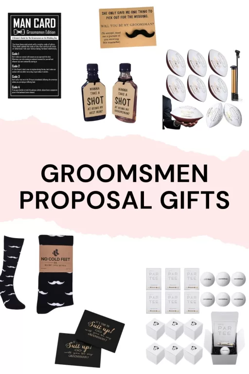 Image of 7 groomsmen themed proposal gifts.