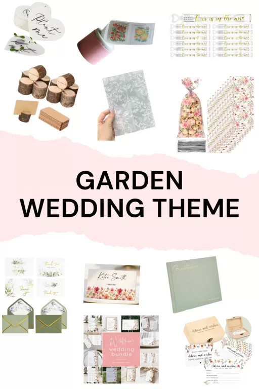 Image of 11 garden themed wedding invitations, favors, and place cards.
