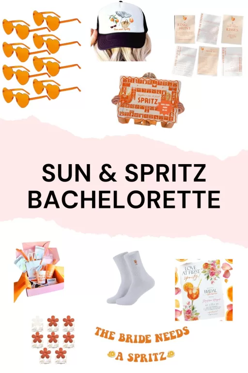 Image of 9 sun and spritz themed bachelorette party decor and favor ideas.