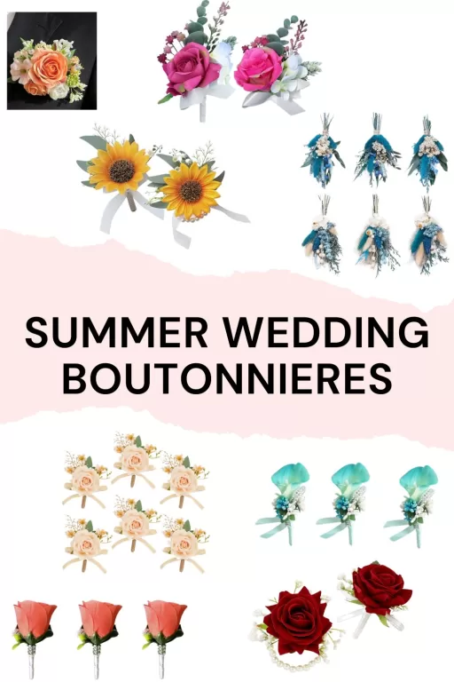 Image of 8 different summer themed wedding boutonnieres.