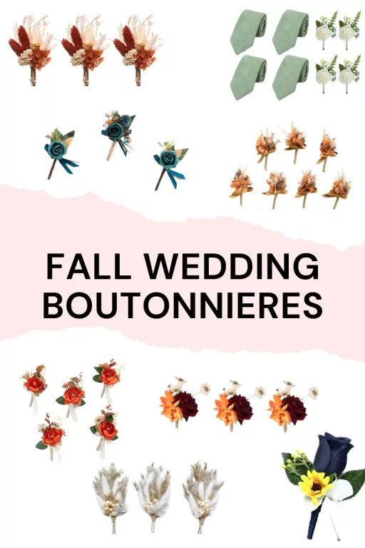 Image of 8 different fall themed wedding boutonnieres.