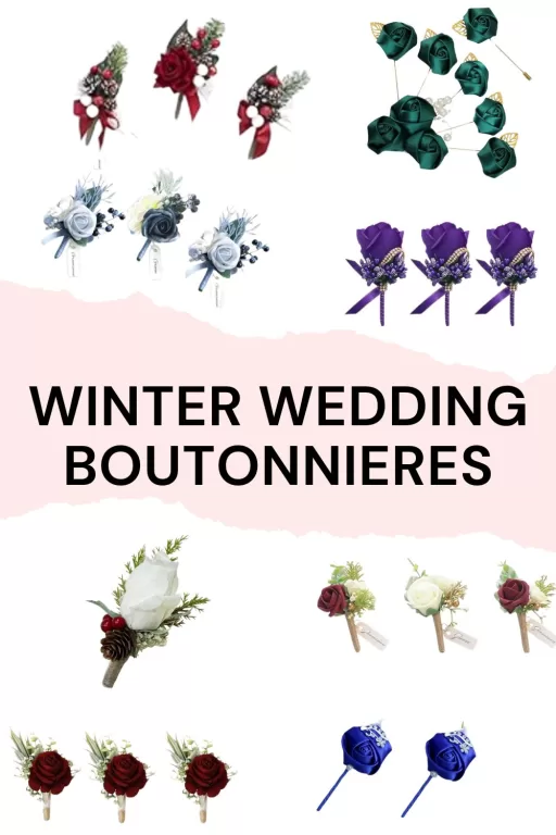 Image of 8 different winter themed wedding boutonnieres.