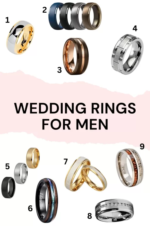 Image of 9 different wedding rings for men.