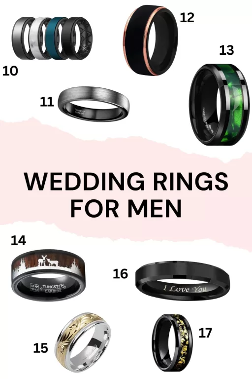 Image of 8 different wedding rings for men.