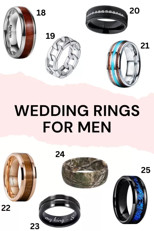 Image of 9 different wedding rings for men.