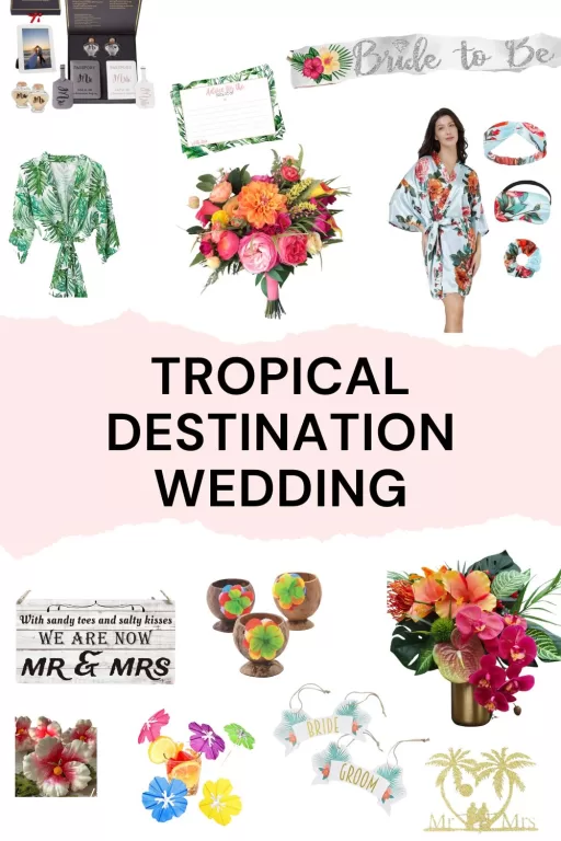 Image of 13 different tropical destination wedding items for the bride and decorations.