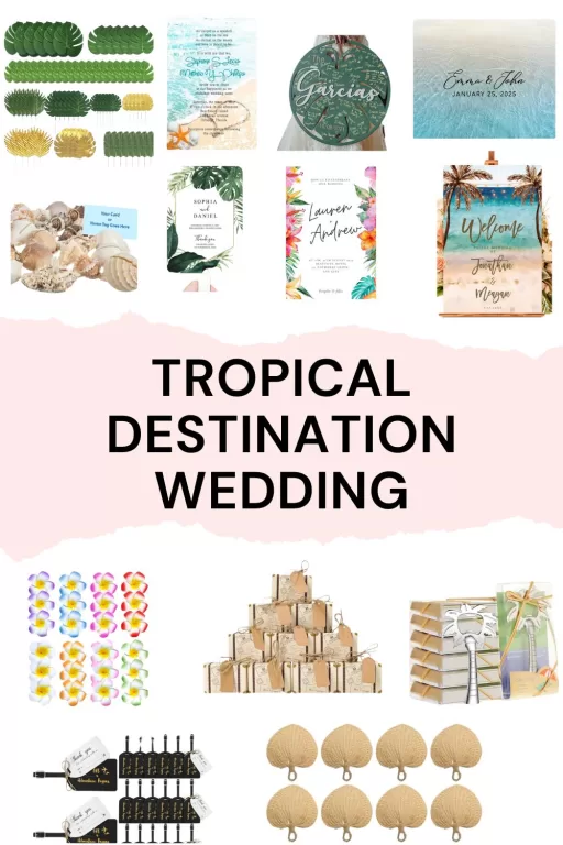 Image of 13 different tropical destination wedding stationary items and favor ideas.