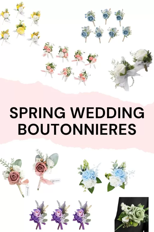Image of 8 different spring themed wedding boutonnieres.