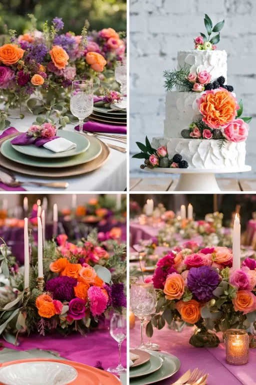 A photo collage of bright orange, purple, and pink wedding color ideas.