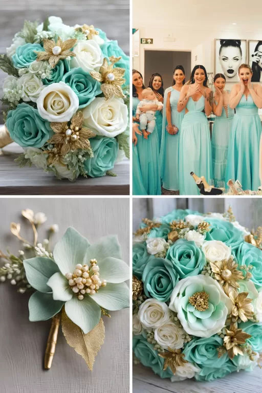 A photo collage of seafoam green and gold wedding color ideas.