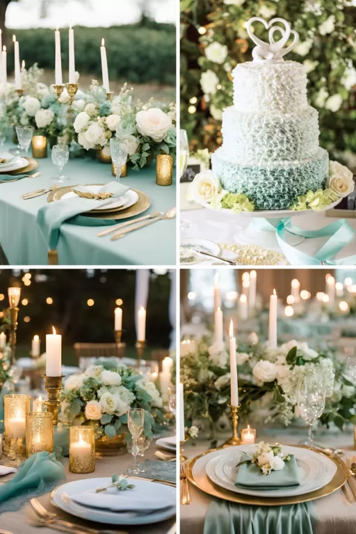 A photo collage of seafoam green and gold wedding color ideas.