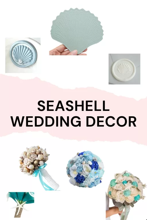 Image of 5 different seashell themed wedding invitations and bouquet ideas.