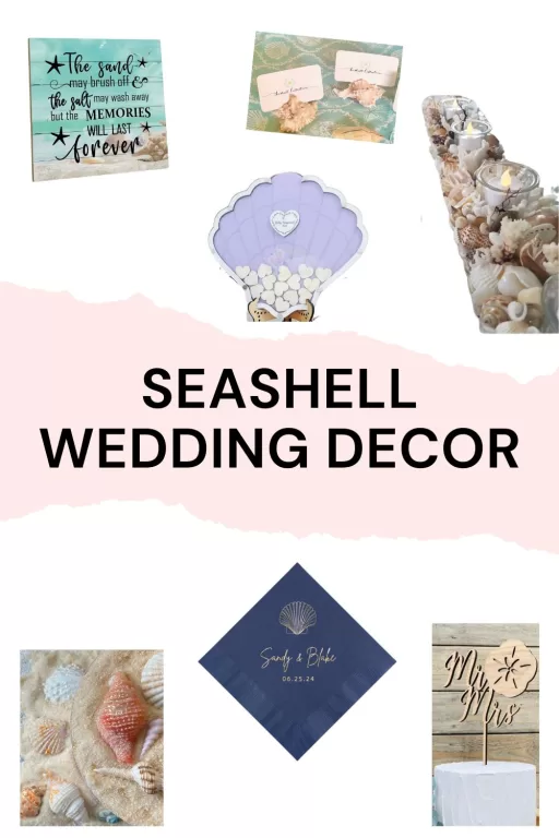 Image of 7 different seashell wedding decor ideas.