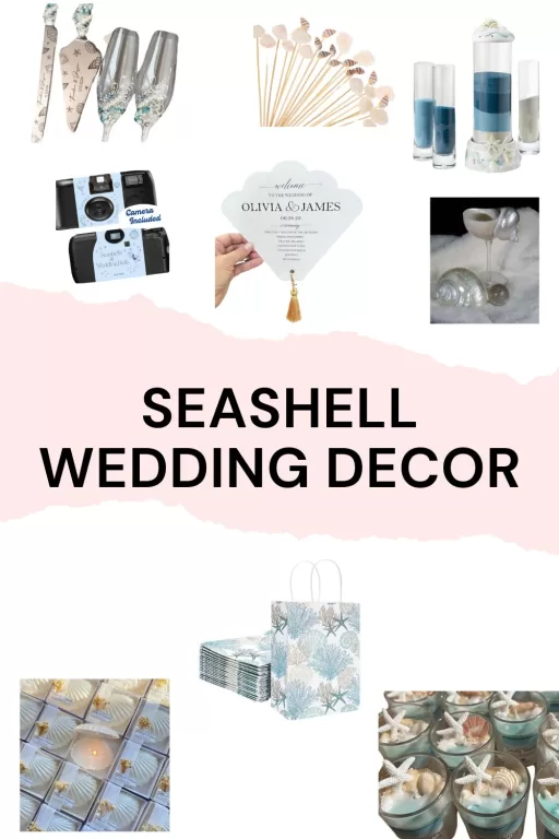 Image of 9 different seashell themed wedding decor ideas and favor ideas.