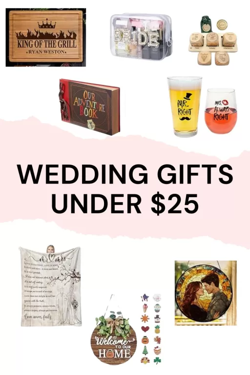A photo collage of 8 wedding gift ideas for the couple.
