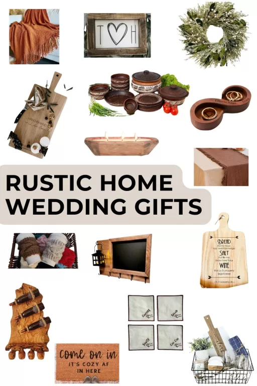 A photo collage of 15 rustic and cozy home wedding gifts.
