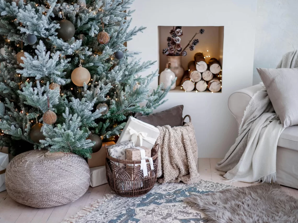 A Christmas tree decorated with ornaments.