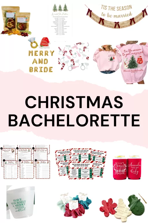 A collage of 13 christmas themed bachelorette favors, decor, and games.