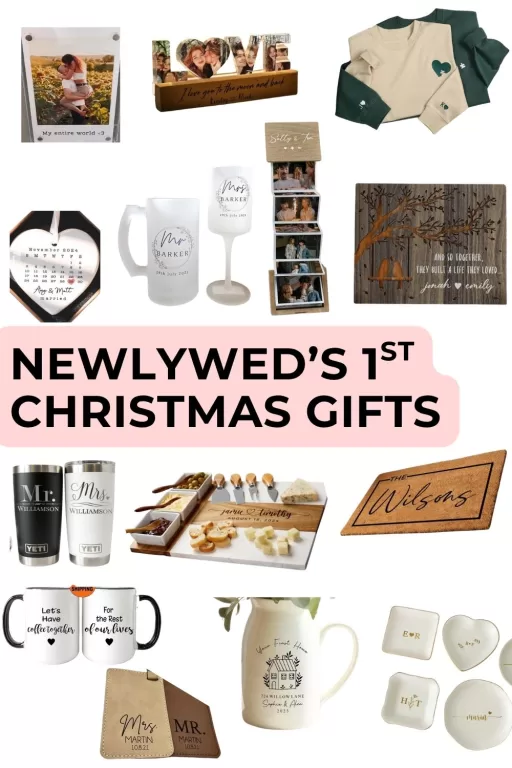 A collage of 14 gift ideas for a newlyweds first christmas together.