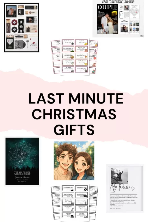 A collage of 7 last minute christmas gift ideas for couples.