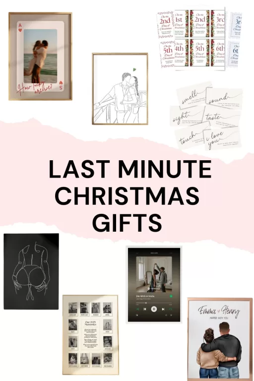A collage of 7 last minute christmas gift ideas for couples.