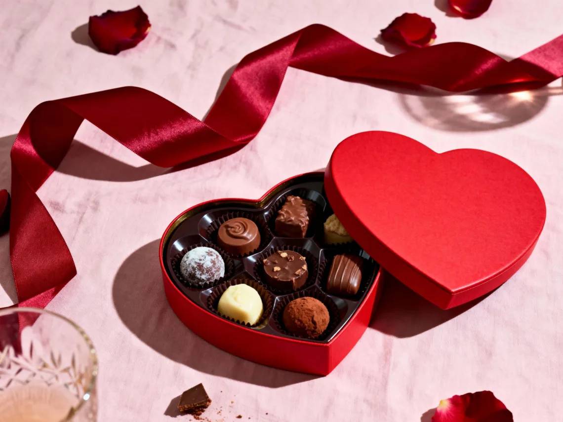 A table with red roses and chocolate truffles.