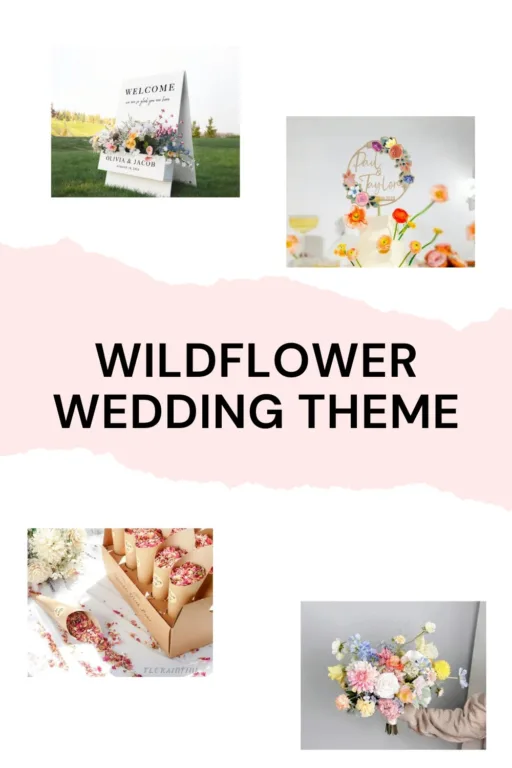 A photo collage of wildflower wedding decorations.