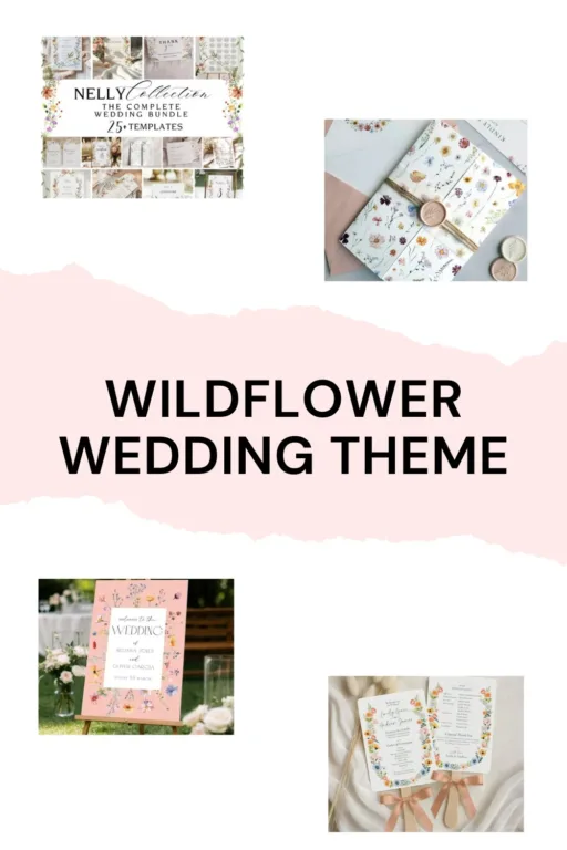 A photo collage of wildflower wedding decorations.