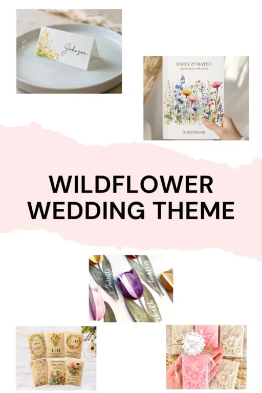 A photo collage of wildflower wedding decor and favors.