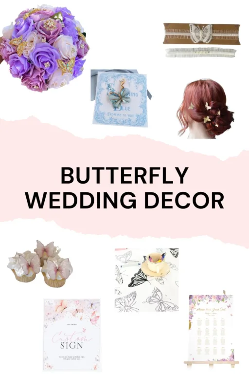 A photo collage of butterfly wedding decorations.