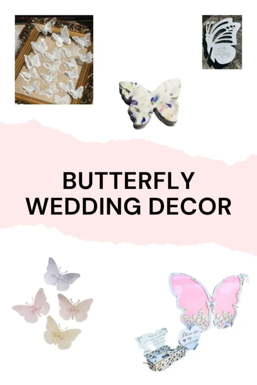 A photo collage of butterfly wedding decorations.