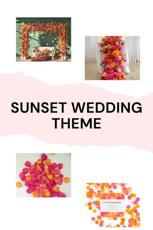 A photo collage of sunset wedding themed decorations.