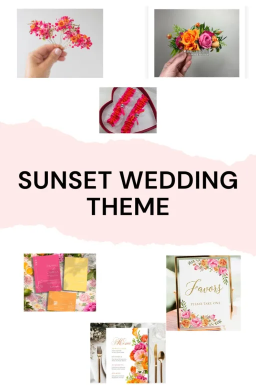 A photo collage of sunset wedding themed decorations.