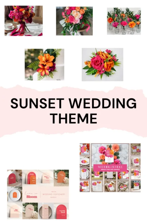 A photo collage of sunset wedding themed decorations.