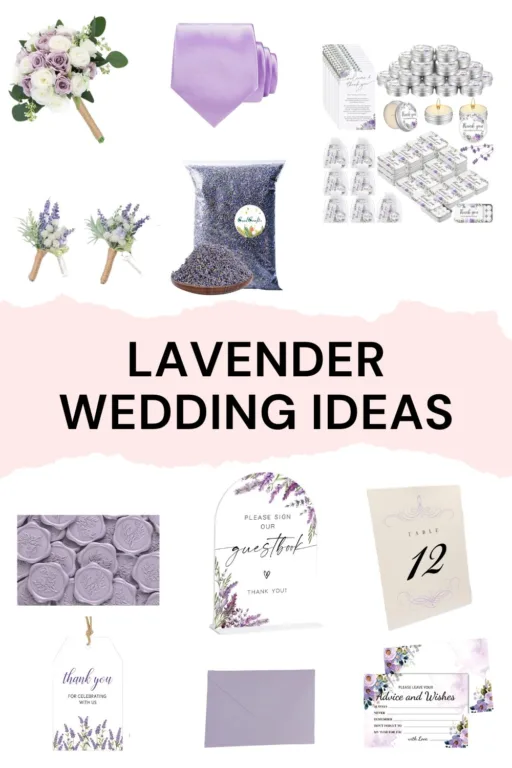 A photo collage of lavender wedding accessories and stationery.